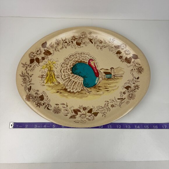 Vtg Oval Melamine Plastic Turkey Thanksgiving Platter Serving Tray Imagery 15in - Picture 4 of 13